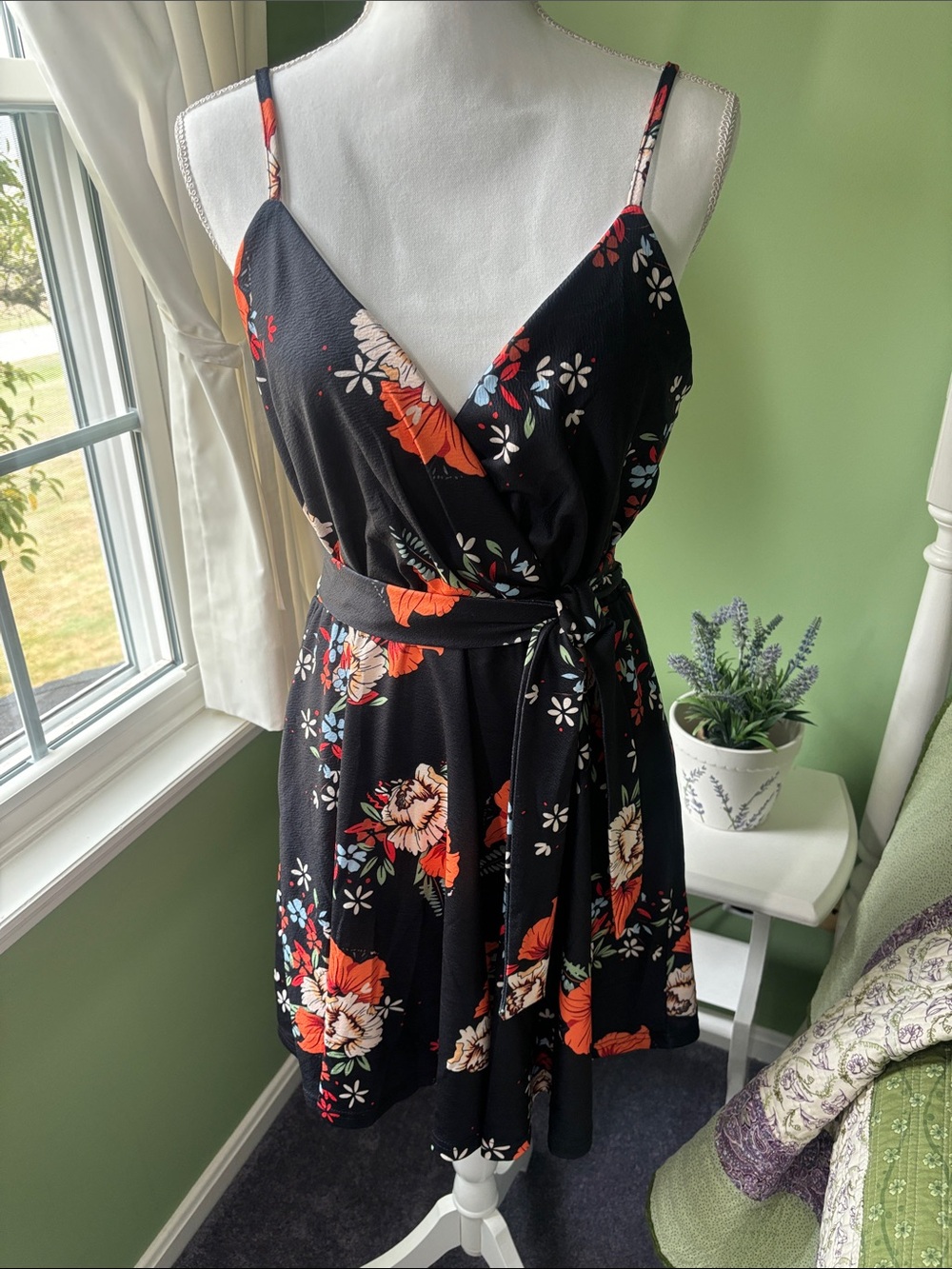 Black Floral Wrap Sundress with Orange & Cream Blooms